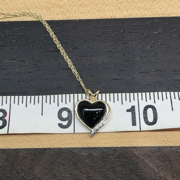 14K 10K Plumb Solid Yellow Gold Diamond Onyx Heart Pendant Ring & Necklace - Picture 7 of 17